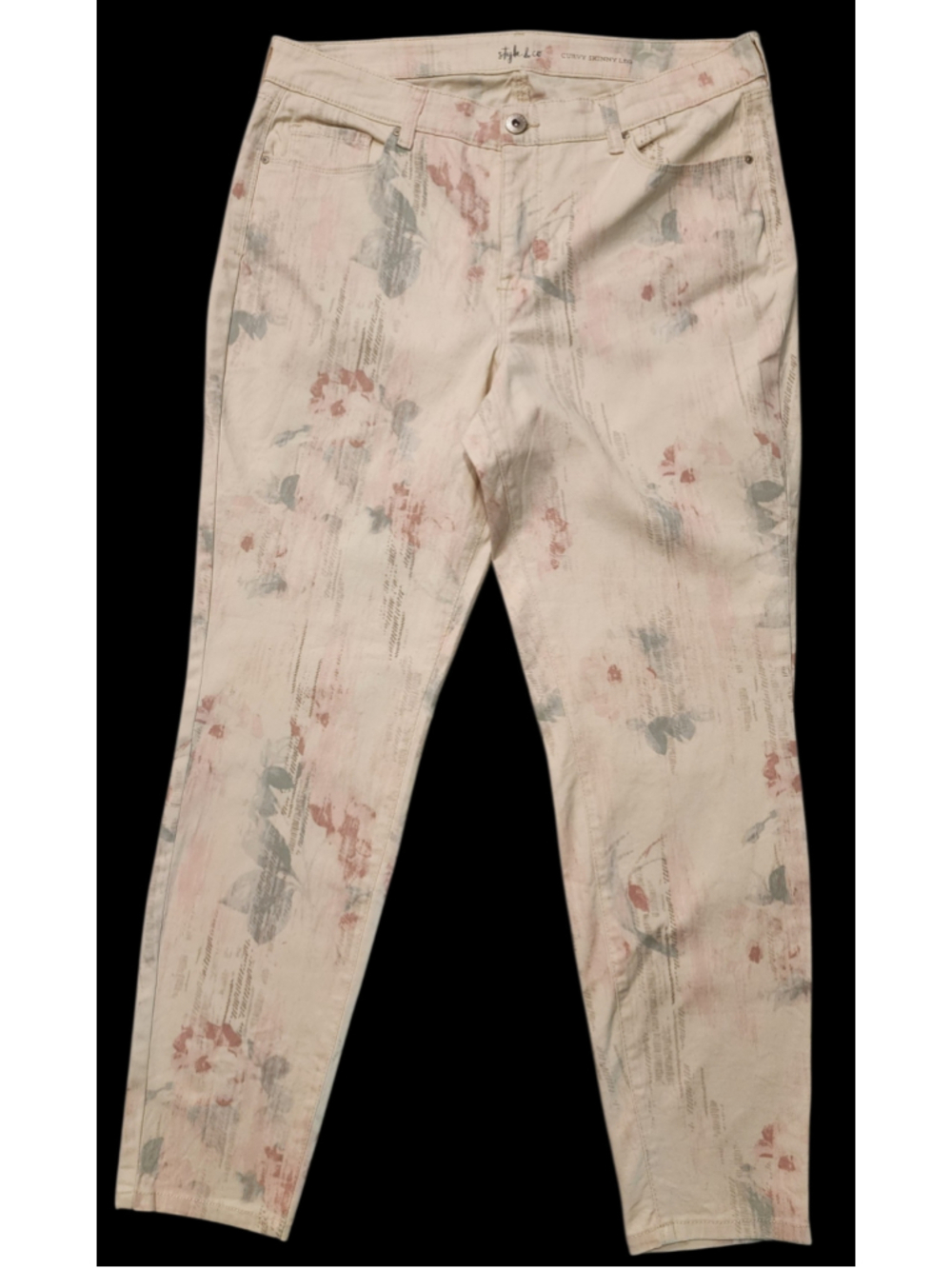 Style & Co Curvy Skinny Jeans 12 Floral Print Pink Green Abstract Denim Pants